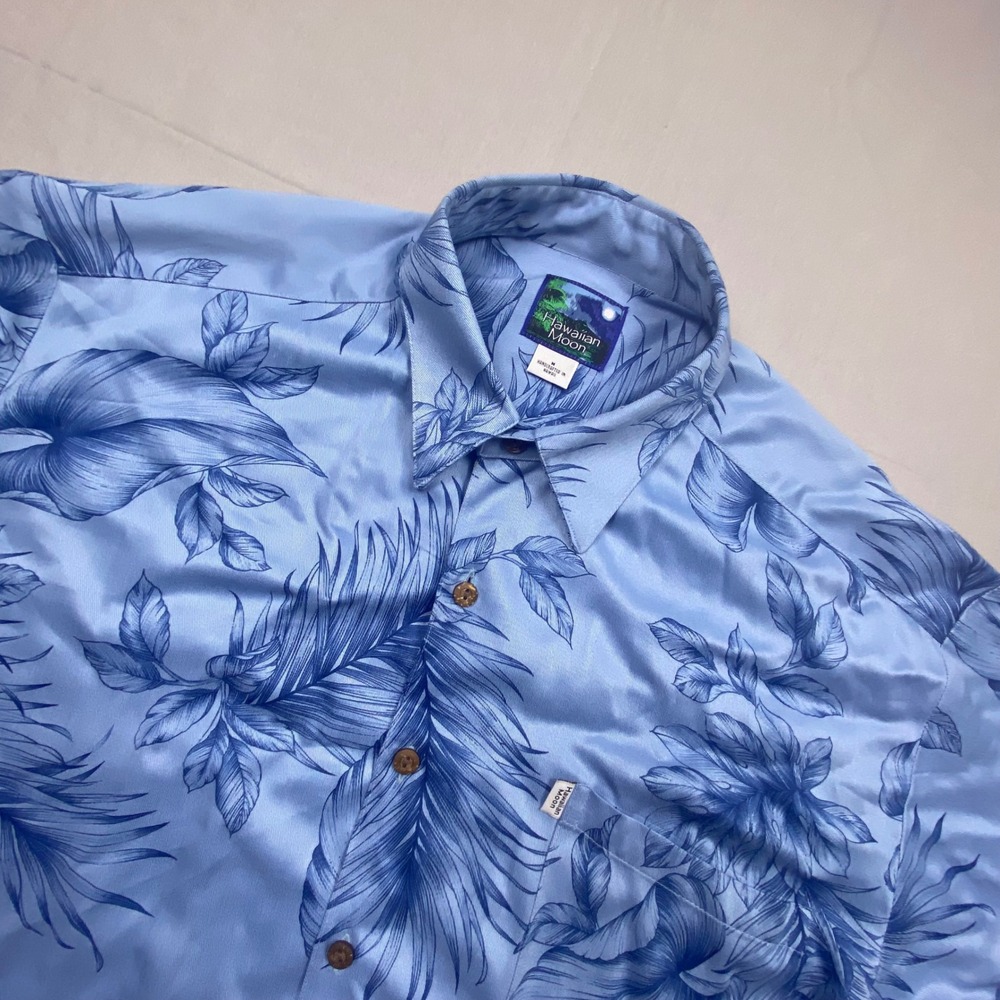 Hawaiian Moon Aloha Shirt Mens M Blue Tropical Leaf Print Rayon Made In Hawaii